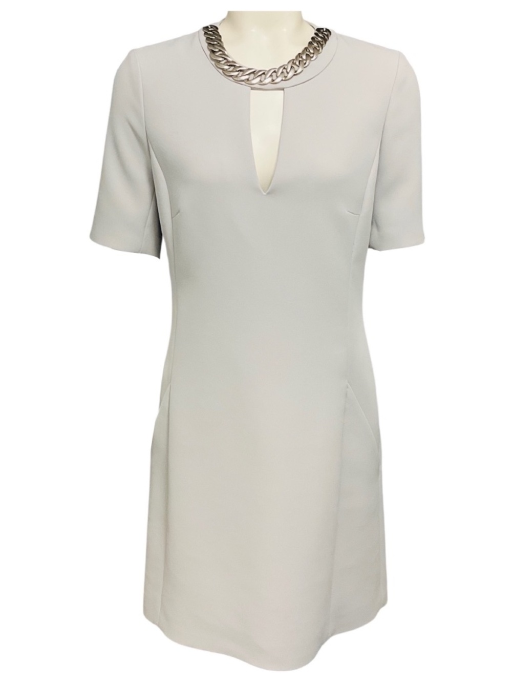 BARBARA BUI GREY CREPE MIDI DRESS WITH CHAIN JEWEL NECKLINE